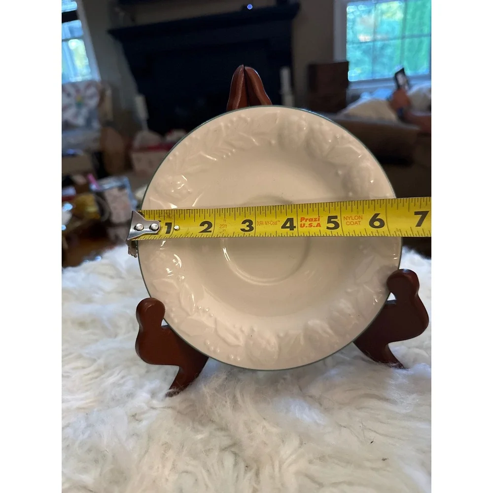 GTI White Ceramic Saucer Embossed Floral Berry Rim Green Trim 6 Inch Tea Plate